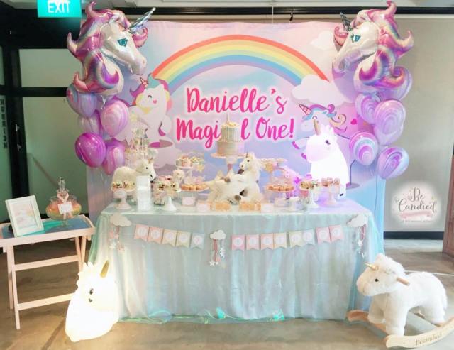 Pastel Rainbows Unicorns Themed Dessert Table For A Baby Girl S