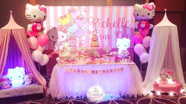 A Pink White Hello Kitty Themed Dessert Table For A Baby Girl S